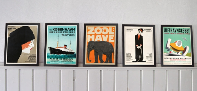 Fem miniplakater: Kæledæggen, Aarhus-København, Zool Have, Chaplin som Greve og Lufthavnsløbet.